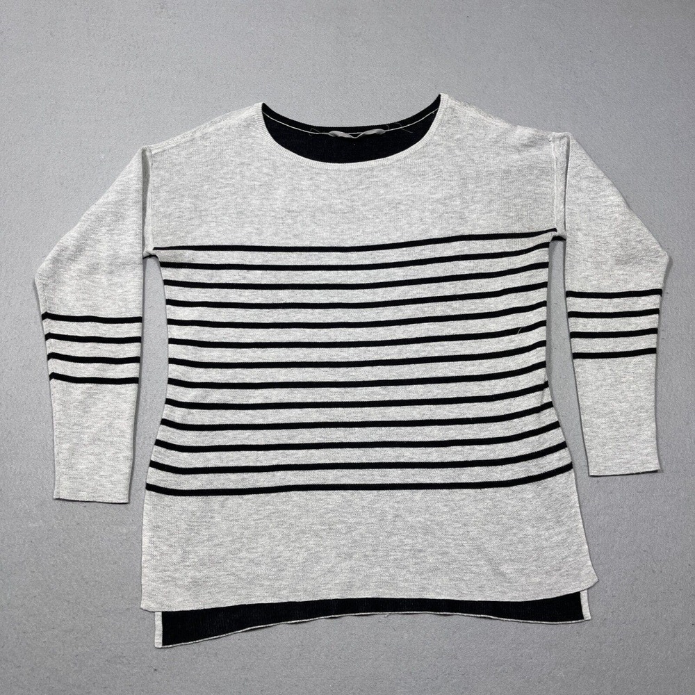 Athleta Striped Knit Sweater Long Sleeve Pullover Light Gray Black Size Large‎